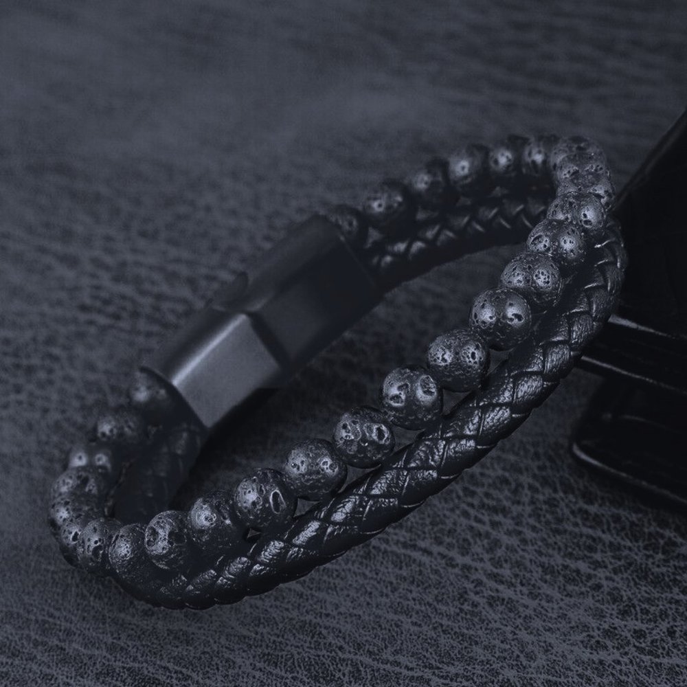Men Leather Bracelet Braided Lava Rock Volcanic Stone Stainless Steel Magnetic